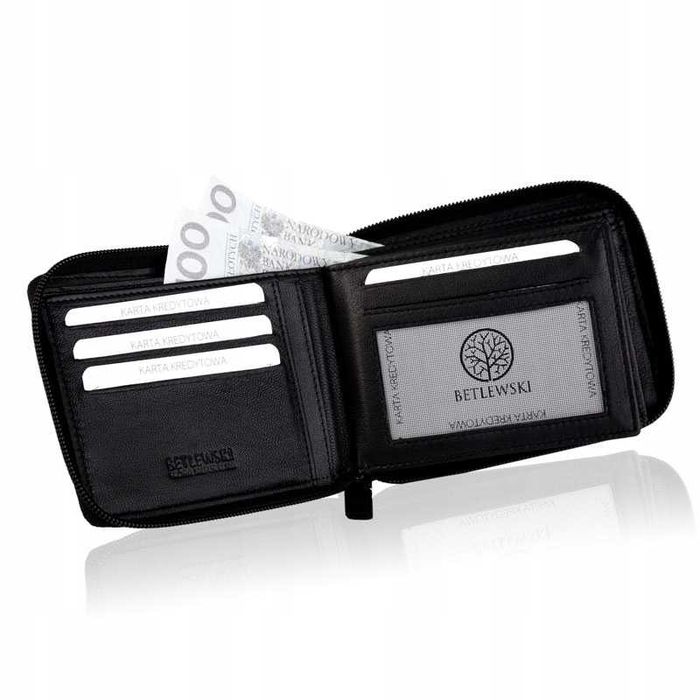Portfel Męski BETLEWSKI Czarny Skóra Naturalna Bez Zapięcia RFID