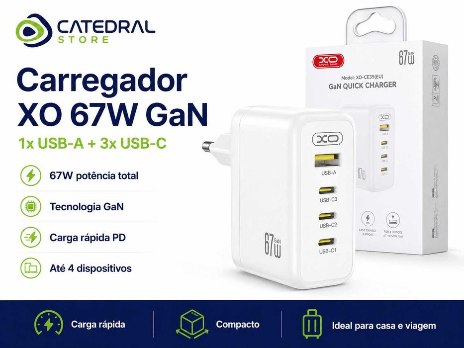 Carregador XO 67W GaN 3x USB-C + USB-A | Carga Rápida