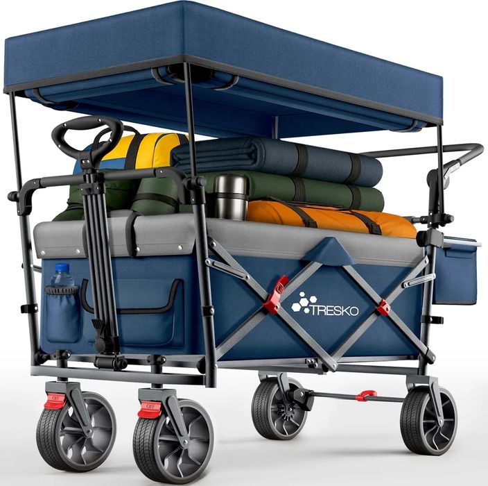 Składany wózek ręczny z niebieskim dachem, komorą chłodzącą i roletami