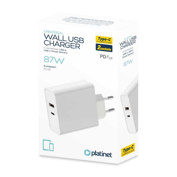 Ładowarka sieciowa Platinet USB/USB-C 87W PD Biały + kabel usb-c