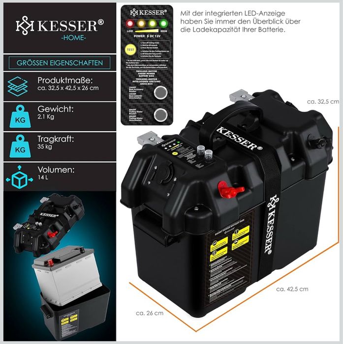 Caixa de bateria para barco, autocaravanas, tomada 12v, usb-c, usb.