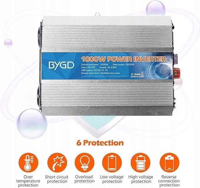 BYGD Przetwornica napięcia Inwerter 1000 W/2000 W, 12 V na 230 V