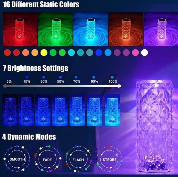 Настольная аккумуляторная лампа с пультом 22см ночник Роза RGB Crystal