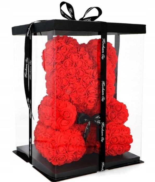 Duży różany miś 25cm płatki róż + pudełko prezentowe