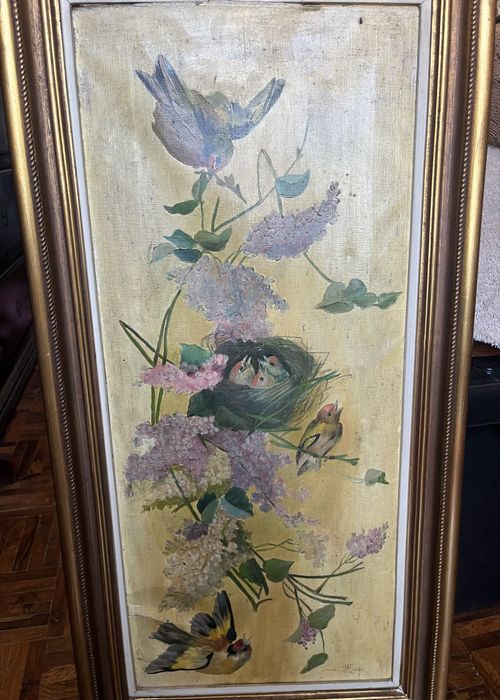 Quadro Antigo - Pintura a Óleo Natureza Viva (Aves e Flores) - 71x36 cm