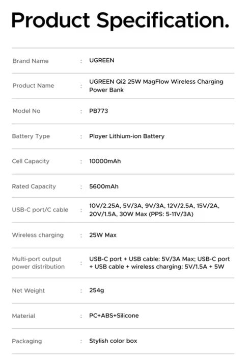 Беспроводной повербанк UGREEN MagFlow PB773 30W Qi2.2 MagSafe iPhone