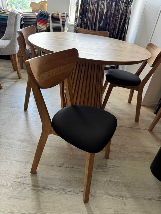 Stół drewniany Fi 120+50 plus 4 krzesła,lamele,dąb naturalny