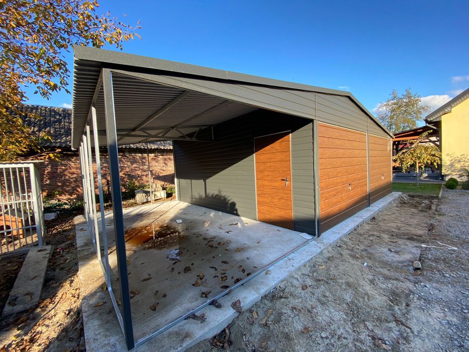 Garaż blaszany 6x6 plus wiata 3x6, antracyt, grafit mat. PRODUCENT.