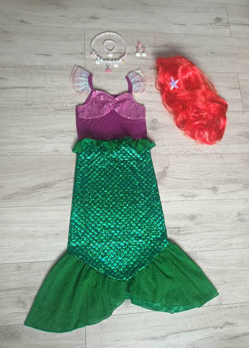 Nowy strój! Syrenka Ariel + PERUKA + biżuteria! r. 110