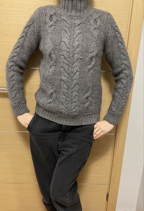 Sweter szary alpaca alpaka wełna 36/38 s/m warkoczowy splot