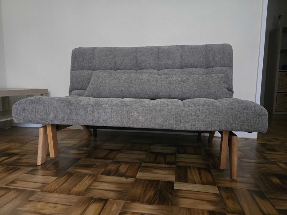 Sofá-Cama Moderno Cinzento com Pés em Madeira (Excelente Estado)