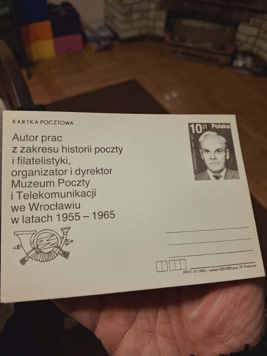 Kartka pocztowa z 1987r A.Śnieżka I Dyrektor powojenny Muzeum Poczty we Wrocławiu.