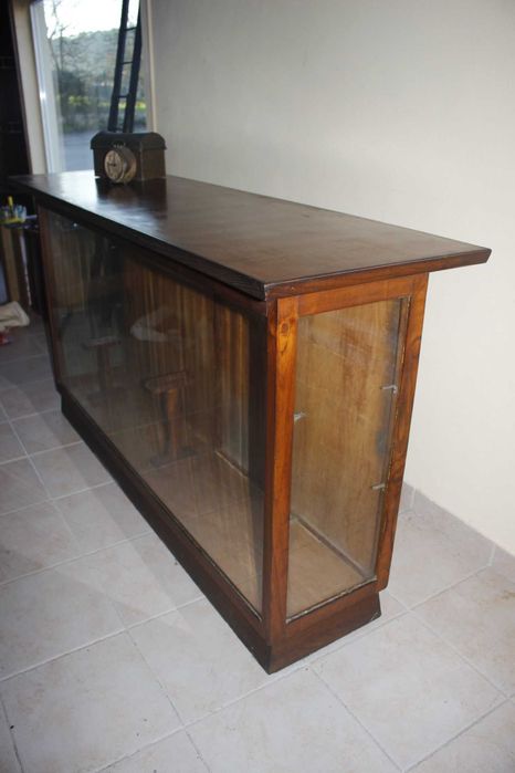 Balcão de Loja-Antigo madeira vidro portas de correr-Vitrine-Expositor