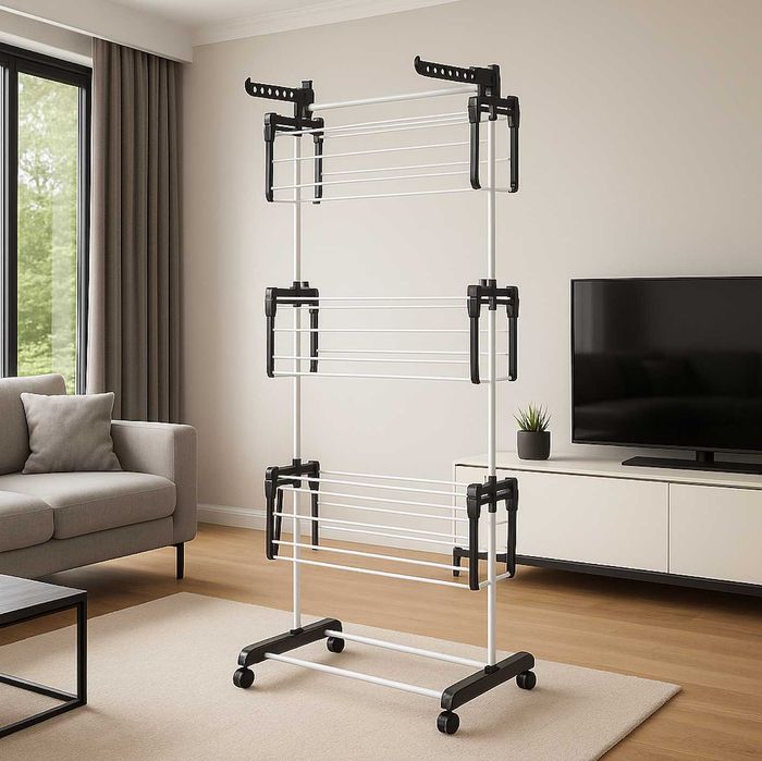 Duża Mocna Suszarka Na Pranie Składana Pionowa Stojąca Czarna Biała