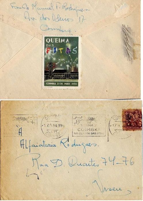 Portugal - 1954mai17 = Envelope, selo e carimbo Queima Fitas Coimbra