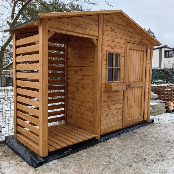 Domek narzędziowy 2 x 1,1m z  drewutnią 1,14 x 1,1m z dachem prostym