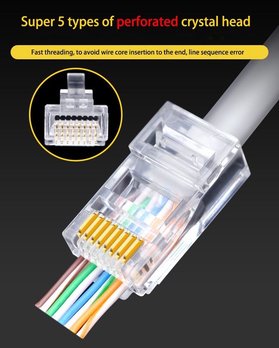 50 Uni Conector Ficha RJ45 Cat6 Pass Through Perfurado Cristal
