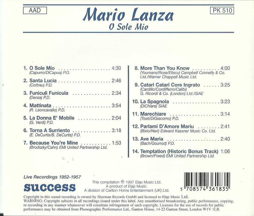 Mario Lanza - O Sole Mio: Greatest Hits Live
