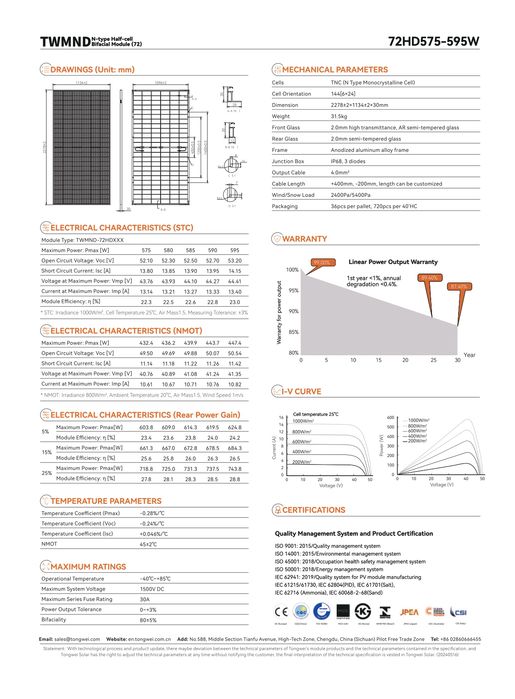 Panel fotowoltaiczny TONGWEI Solar 590W Bifacial Glass-glass