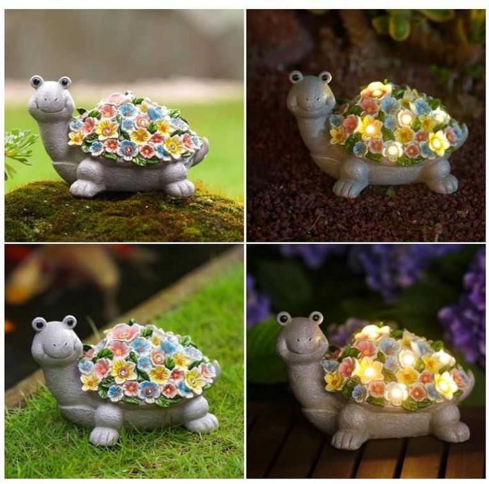 Solarna dekoracja ogrodowa, figurka żółwia z kwiatami