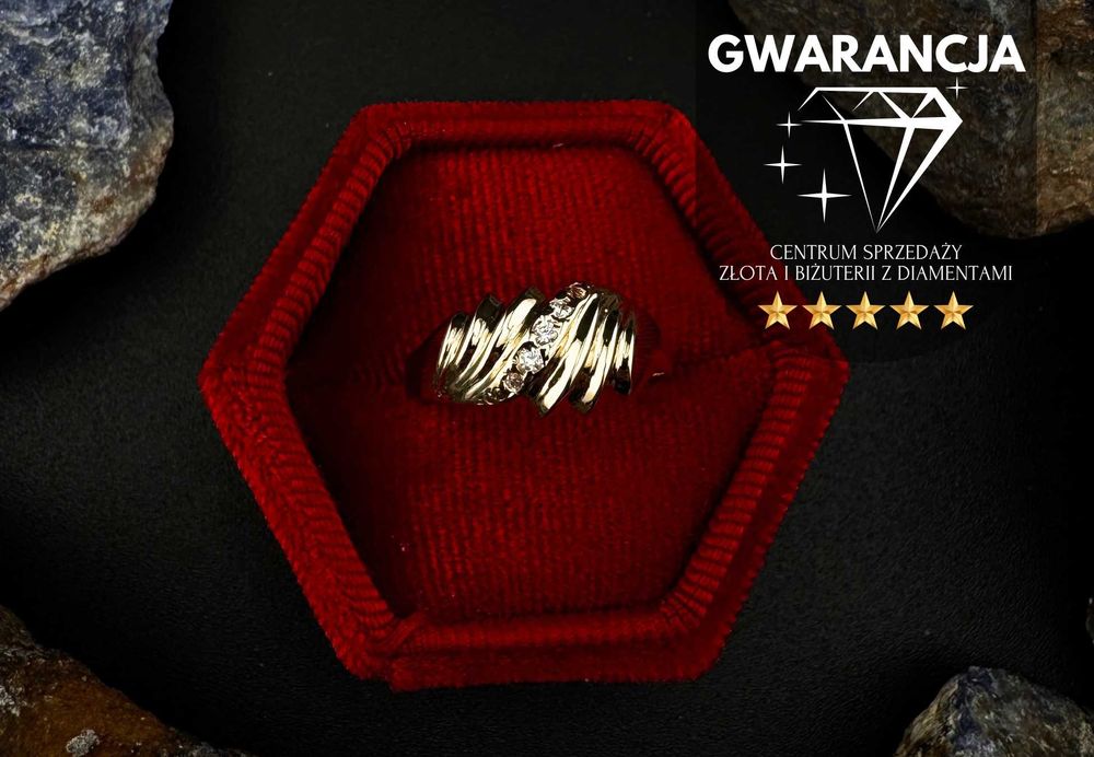 Złoty Pierścionek z Kamieniami Elegancki Wzór 585 2,39g rozmiar 16 (S)