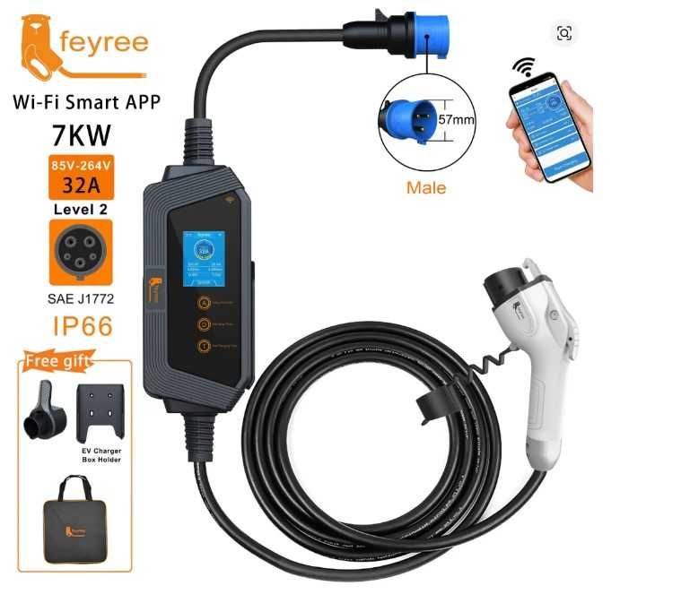 Зарядка електромобіля feyree Type1, GBT 7кВт 32А, 5 метрів з WiFi