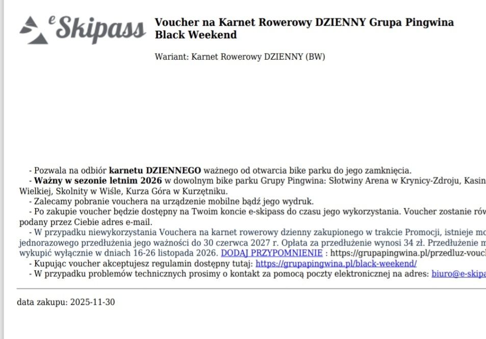 Voucher, Karnet rowerowy dzienny grupa pingwina