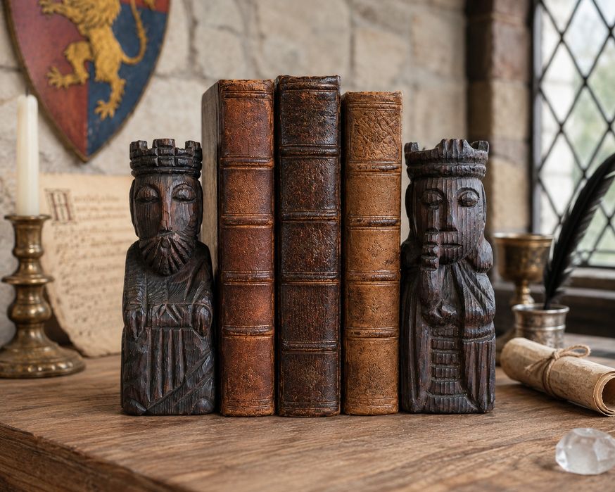 Estatueta Reis Madeira Xadrez Medieval 22 cm Rainha + Rei Ampara Livros