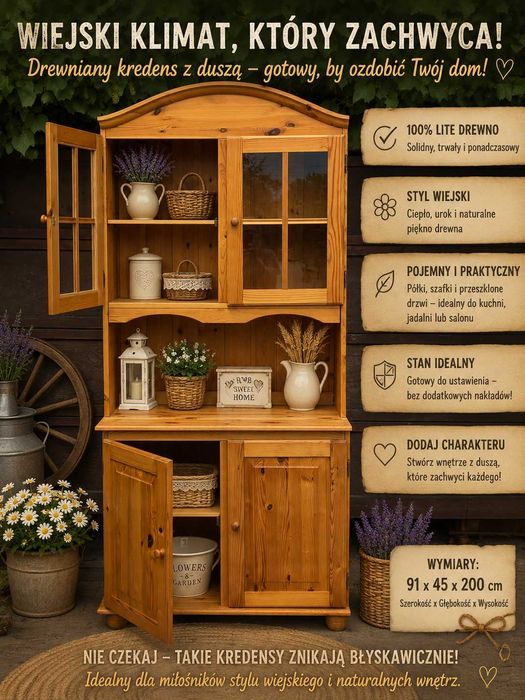 Piękny drewniany kredens w stylu rustykalnym 91×45×200 cm – naturalne drewno lakierowane,ponadczasowy