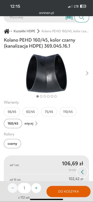 Kolano PEHD 160/45 do kanalizacji mufa 110 kanalizacyjne