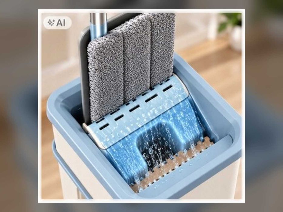 Nowy Mop Płaski Z Wiadrem Dwukomorowym Wyciskacz 2 Wkłady 120 Cm