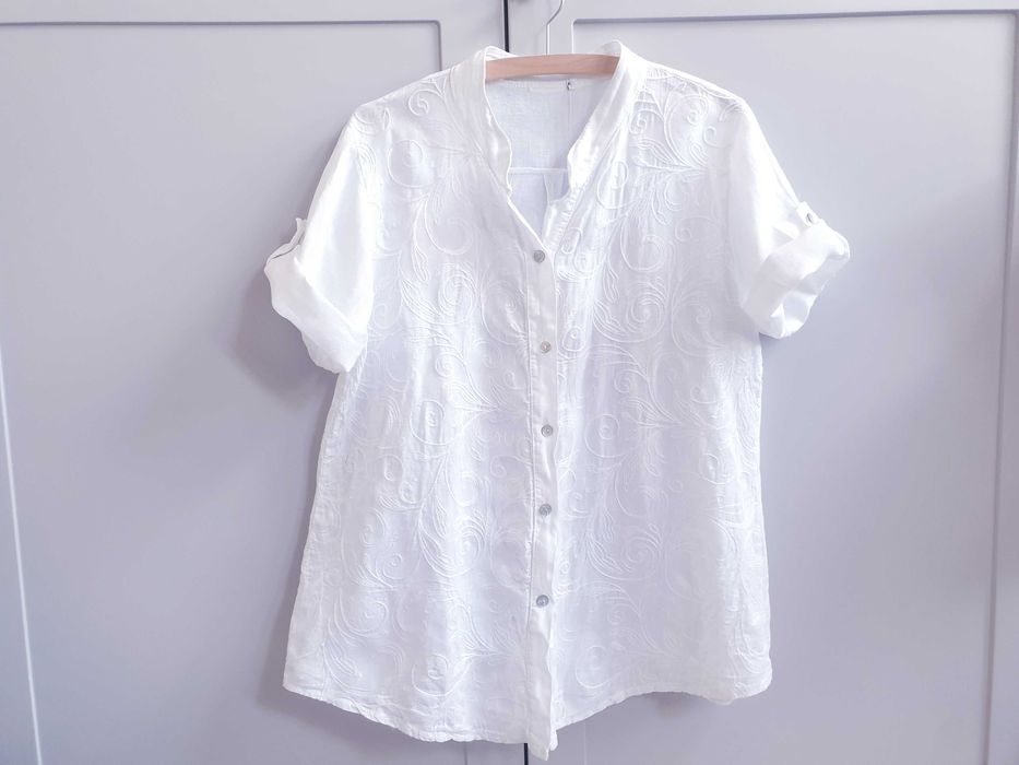 Biała haftowana lniana bluzka koszula 42