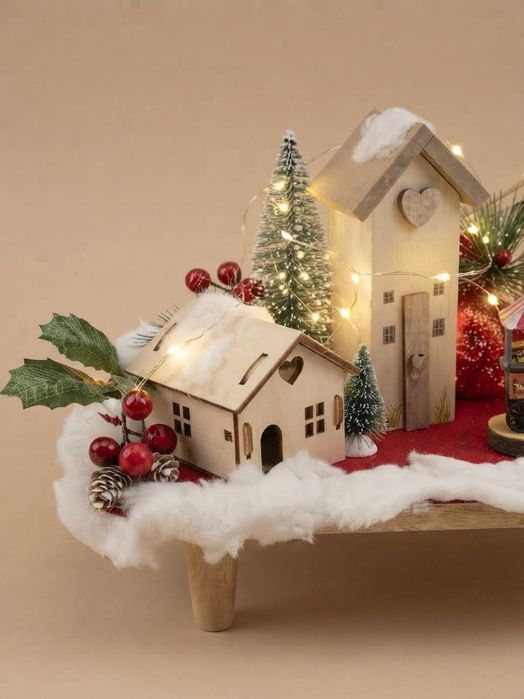 Aldeia Natal em madeira com luzes incluídas