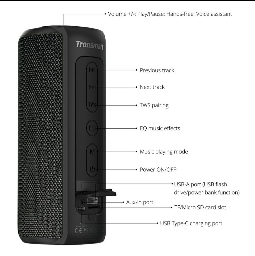 Altifalante Bluetooth portátil, 20W IPX6 Coluna Bluetooth à prova