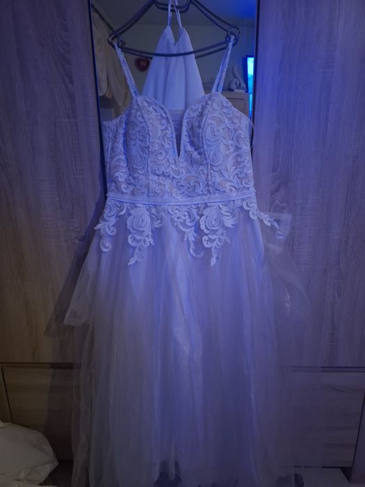 Suknia ślubna Plus Size 44/46 | Piękna Koronka i Tiul | Ecru / Cappu