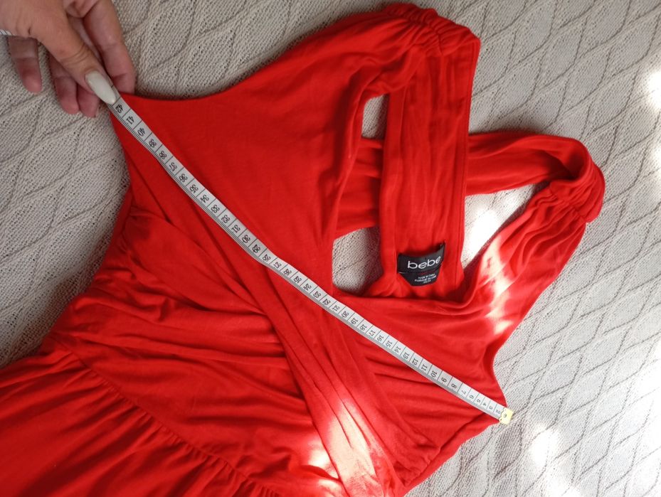 BEBE XS efektowna wyjściowa czerwona długa sukienka maxi stan idealny