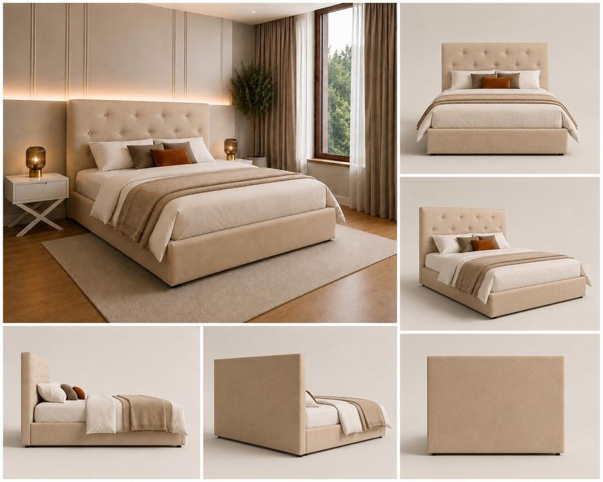 Cama estofada com estrado e colchao