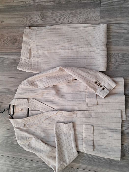 Garnitur damski lniany beżowy prążek rozm 40