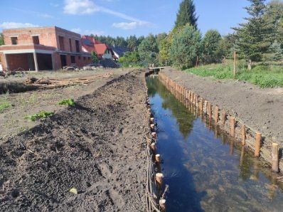 Faszynowanie brzegów stawu kopanie zabespieczanie kiszką faszynową