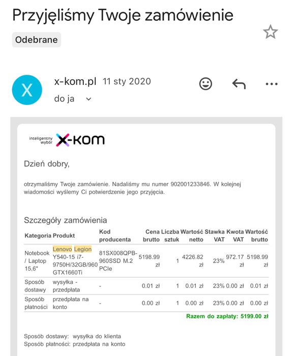 Lenovo Legion Y540 i7-9750H / 32GB RAM / 1660 Ti / Stan BDB