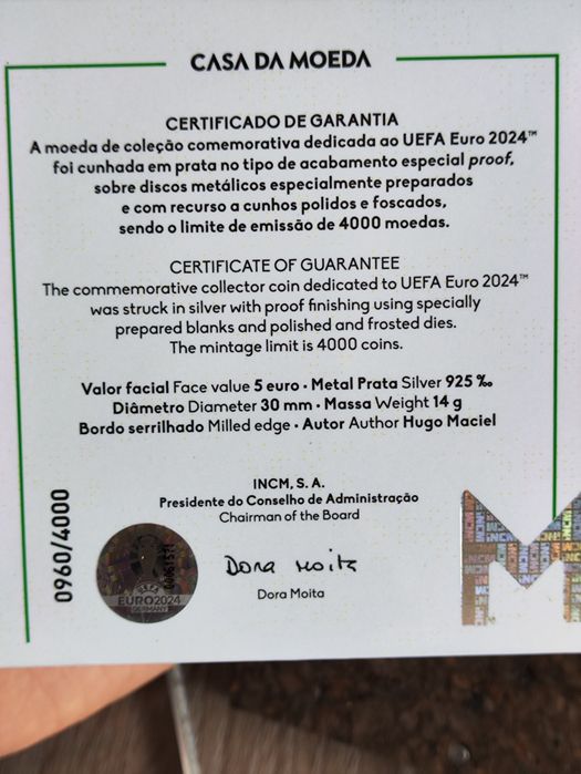 Moeda 5€ do Euro 2024 em Prata 925% Colorida Esgotado
