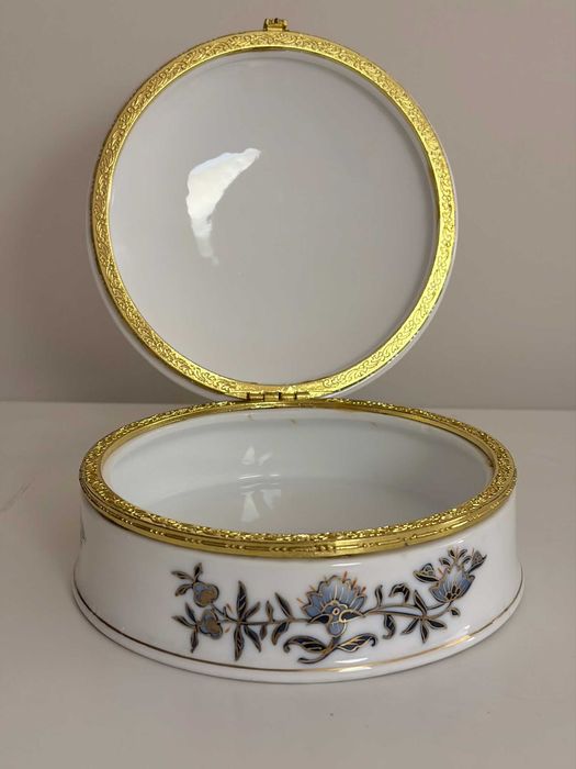 Caixa Jóias Porcelana Victória Hand Painted 14cm Azul Cobalto Dourado