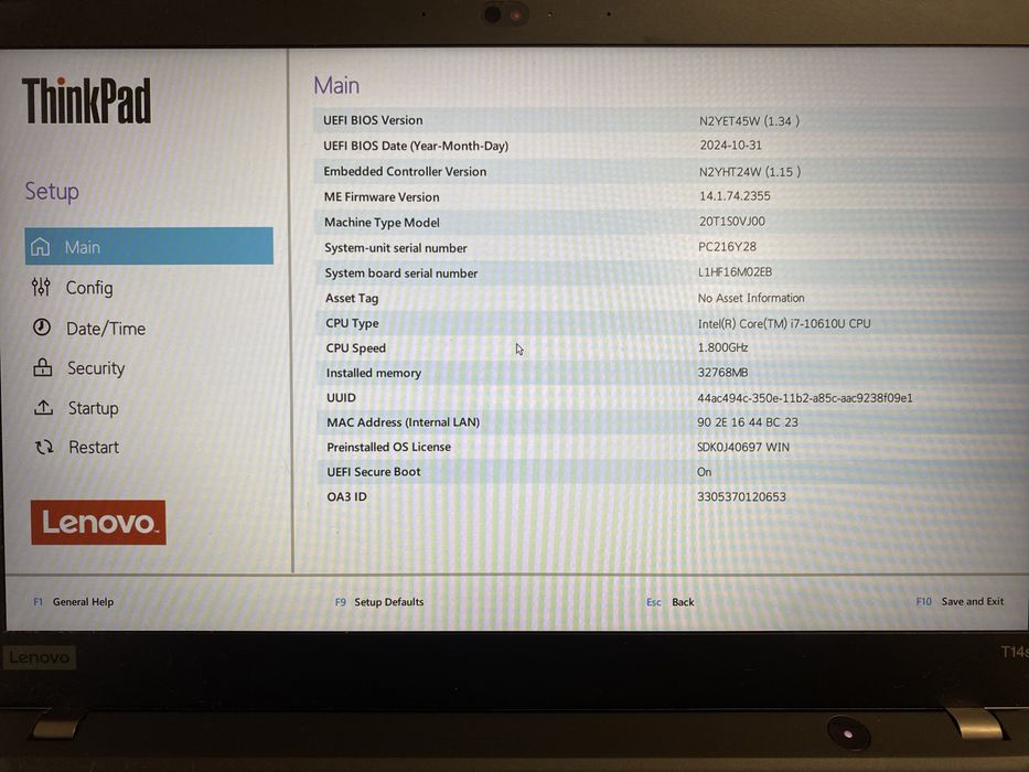 Lenovo Thinkpad T14s (i7-10610u, 32ram, 512ssd m2 nvme)