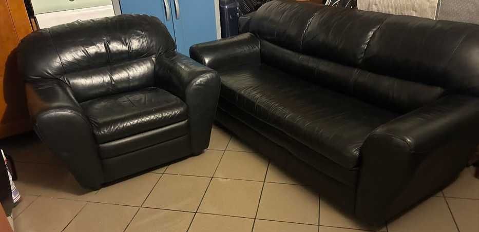 Skórzana sofa oraz fotel   -  czarna skóra
