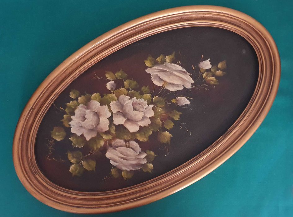 A. Nor. Linda Pintura Floral original, a óleo, oval, anos 70 - 62x37cm