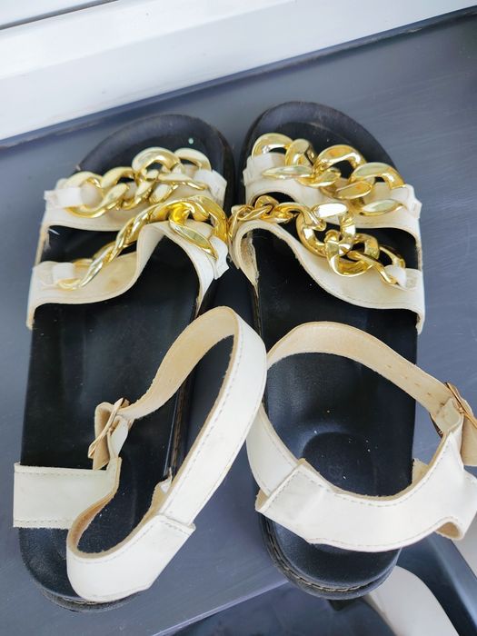 Sandały damskie 42 białe złoty łańcuch chunky glamour lato boho XXL
