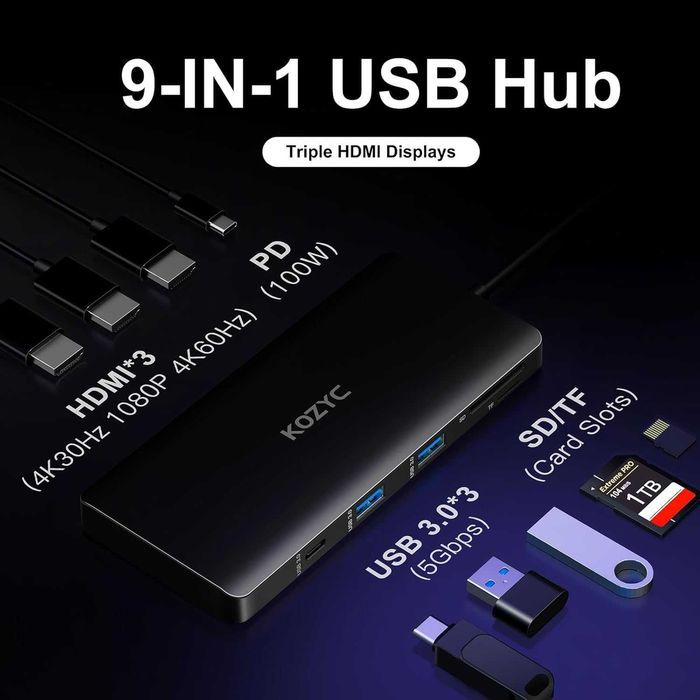 Kozyc Stacja dokująca USB-C z 3 wejściami HDMI i trzema wyświetlaczami