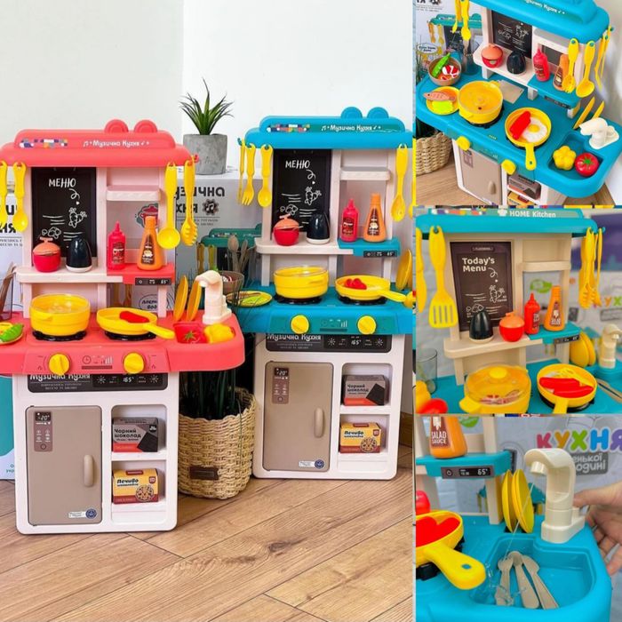 Дитяча кухня , вода з крану, пар, звуки варіння та смаження.