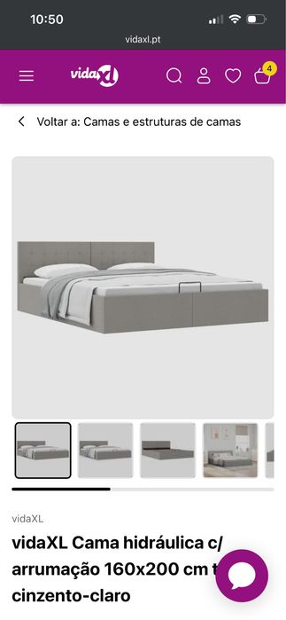 Cama hidráulica c/ arrumação 160x200 cm tecido cinzento-claro