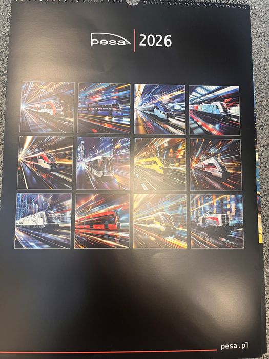 Kalendarz ścienny 2026 z pociągami PESA, Regio Jet, Koleje Mazowieckie